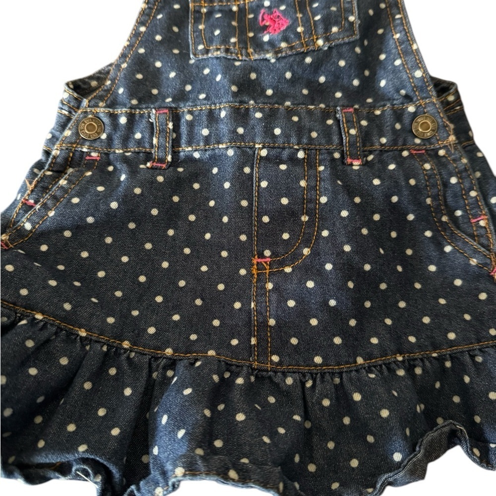 U.S. Polo Girls 12 months Polka Dot Bib Overall Dress Ruffle Hem Dark Wash Denim - Picture 3 of 10
